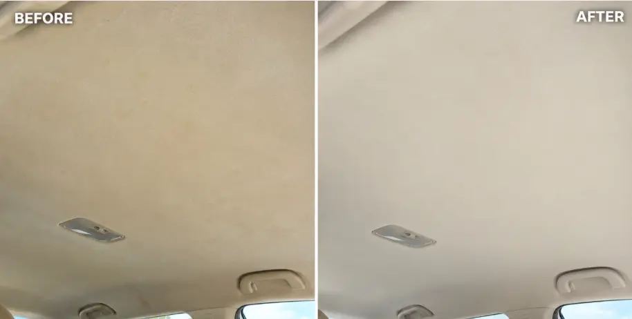 Before and after cleaning a yellowed car headliner during smoke odor removal