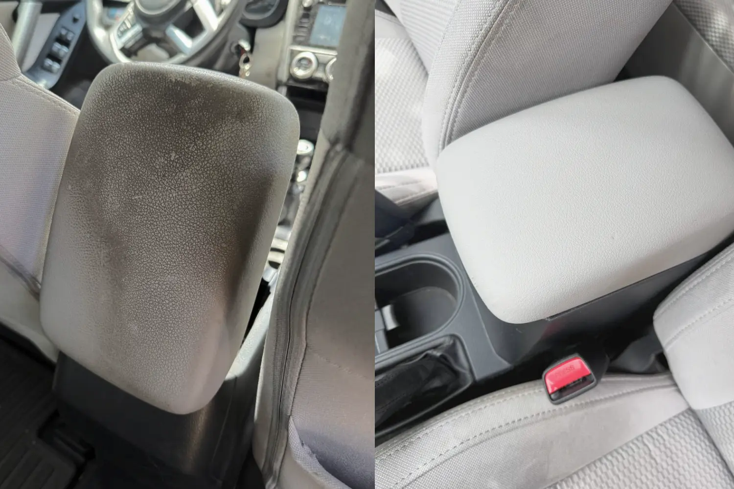 Leather armrest stain removal before and after — mobile interior detailing Dallas, TX