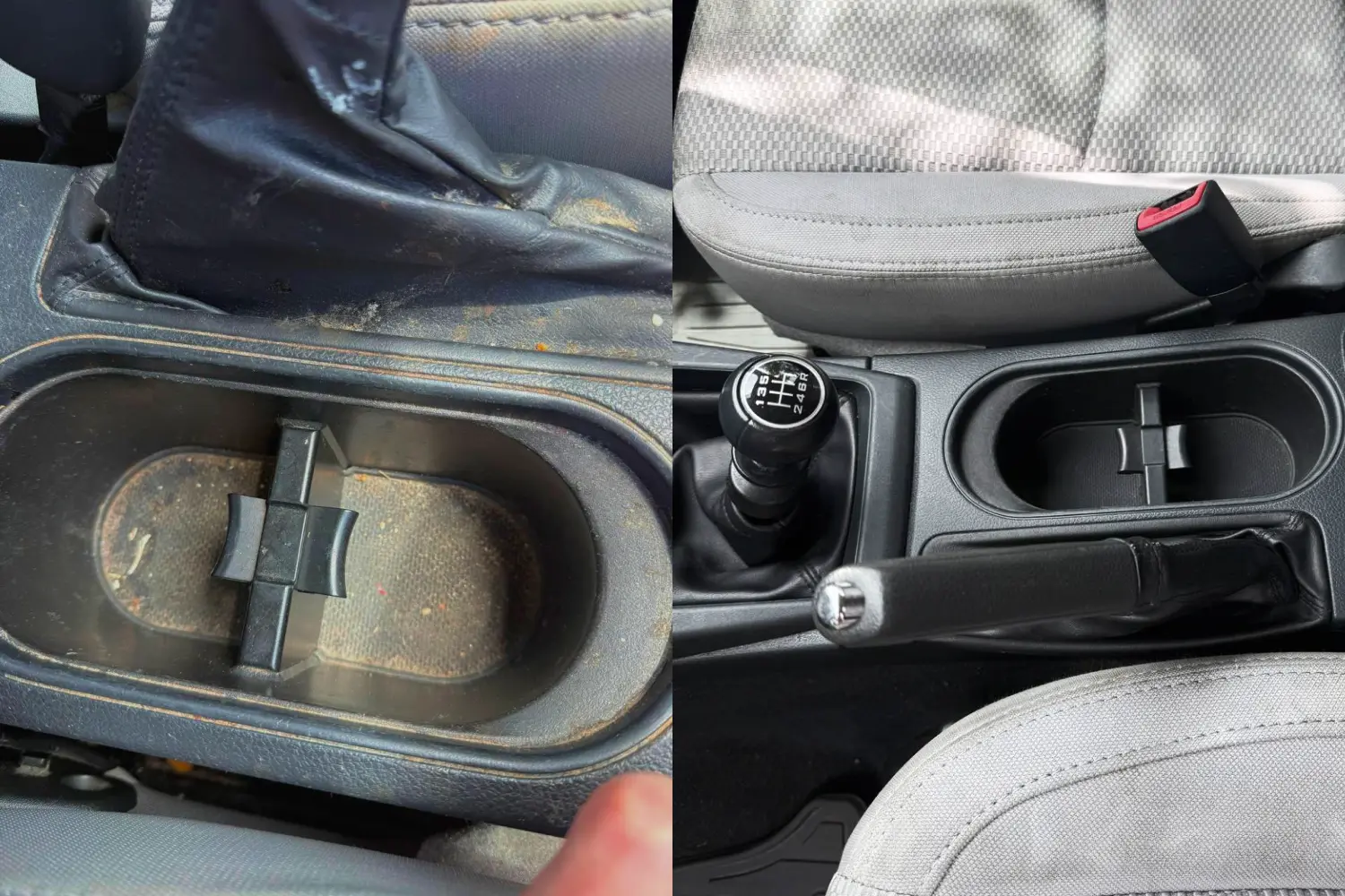 Center console and handbrake area before and after interior deep detail — Dallas mobile car detailing