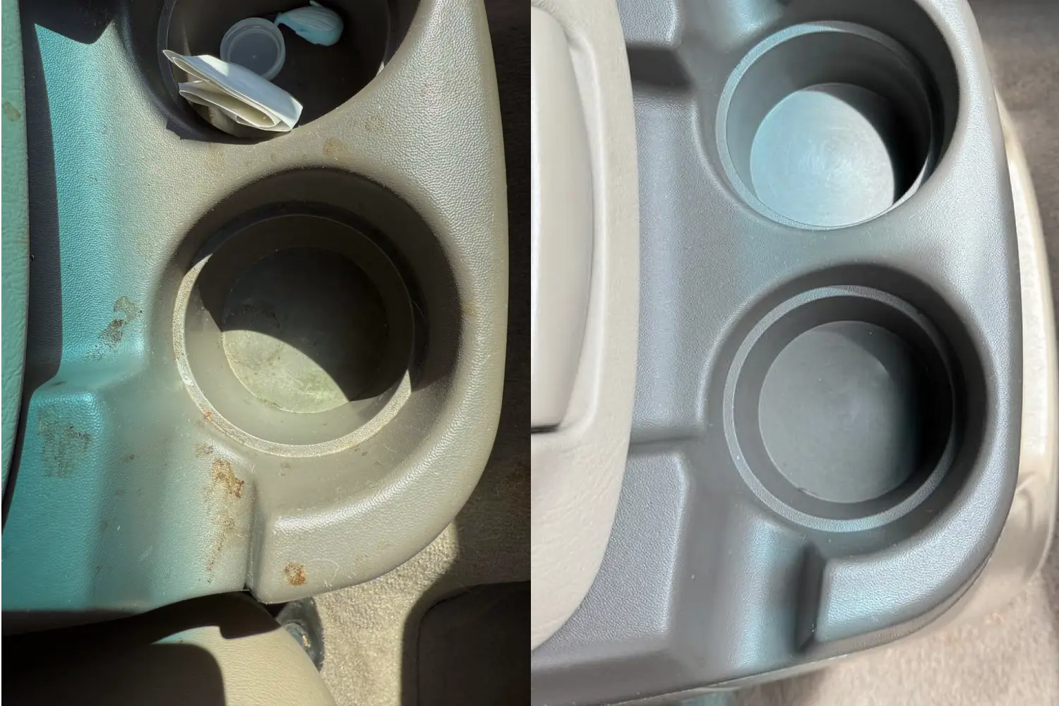 Cup holder before and after interior deep detail — Dallas mobile car detailing