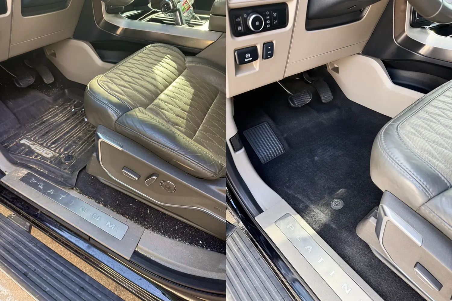 Ford F-150 Platinum driver footwell before and after mobile interior detail in Dallas, TX