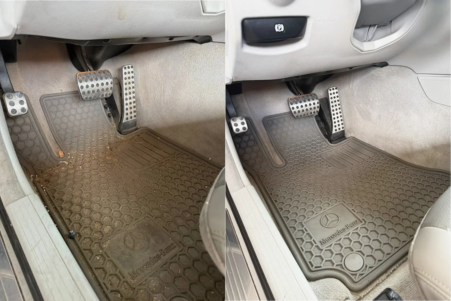 Mercedes-Benz driver footwell before and after mobile interior detail in Dallas, TX