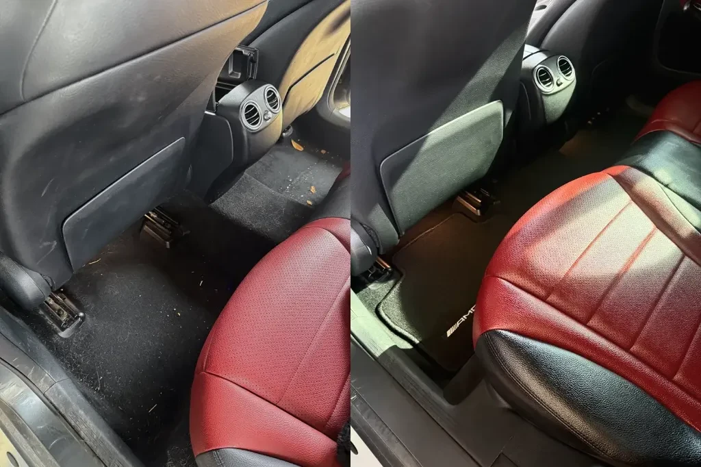 Mercedes-AMG rear cabin, red leather seating and carpet before and after mobile interior detail in Dallas, TX