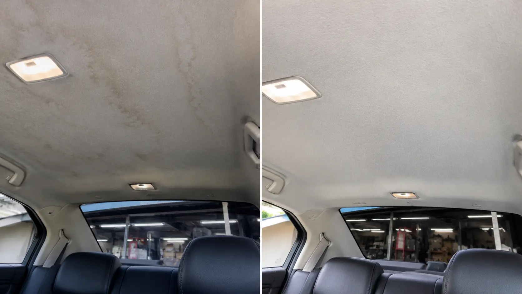 Before and after headliner cleaning during car smoke odor removal in Dallas, TX